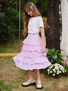 SHEIN Tween Girls 2pcs Bowknot Short Sleeve Top And Plaid Multilayer Cake Skirt Set, Cute & Sweet Style, Suitable For Outings, Social Media Photos - Pink - View 5