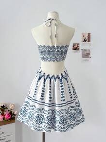 Breezaya Elegant Halter Backless Shirred Waist Casual Vacation Dress For Women