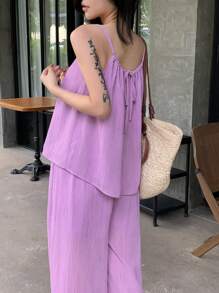 DAZY 2pcs/Set Women Plain Pleated Drawstring Camisole And Wide Leg Pants Casual Vacation Summer Outfit