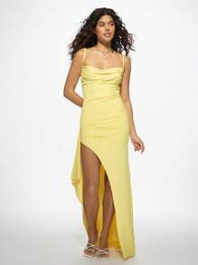 MISSGUIDED Elegant Draped Cowl Neck Maxi Evening Dress With Side Slit Spaghetti Straps Ruched Bodycon Design Perfect For Prom Wedding Guest Special Occasions