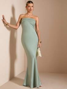 SHEIN BAE 女士优雅露背露肩缎面鱼尾下摆连衣裙，适合鸡尾酒会、浪漫约会、婚礼嘉宾、伴娘、春夏季情人节，粉色连衣裙 - 粉色 - 查看 5