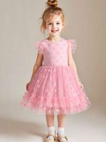 SHEIN 1 Pc Little Girls Round Neck Cap Sleeve Polka Dot Mesh Dress - Pink - View 1