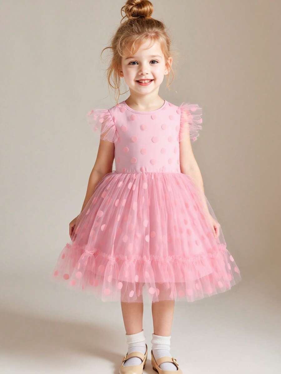 SHEIN 1 Pc Little Girls Round Neck Cap Sleeve Polka Dot Mesh Dress - Pink - View 1
