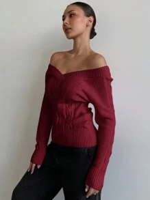 Aloruh 全新编织针织露肩合身舒适百搭毛衣 - 紅色 - 查看 5