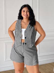SHEIN EZwear Conjunto de 2 piezas de primavera/verano para mujer de talla grande: Chaleco sin mangas con estampado de cuadros + Shorts de traje casual