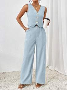 Chiquease Conjunto de Uniforme Casual, Colete na Cor Sólida e Calça Comprida - Azul bebê - Visão 1