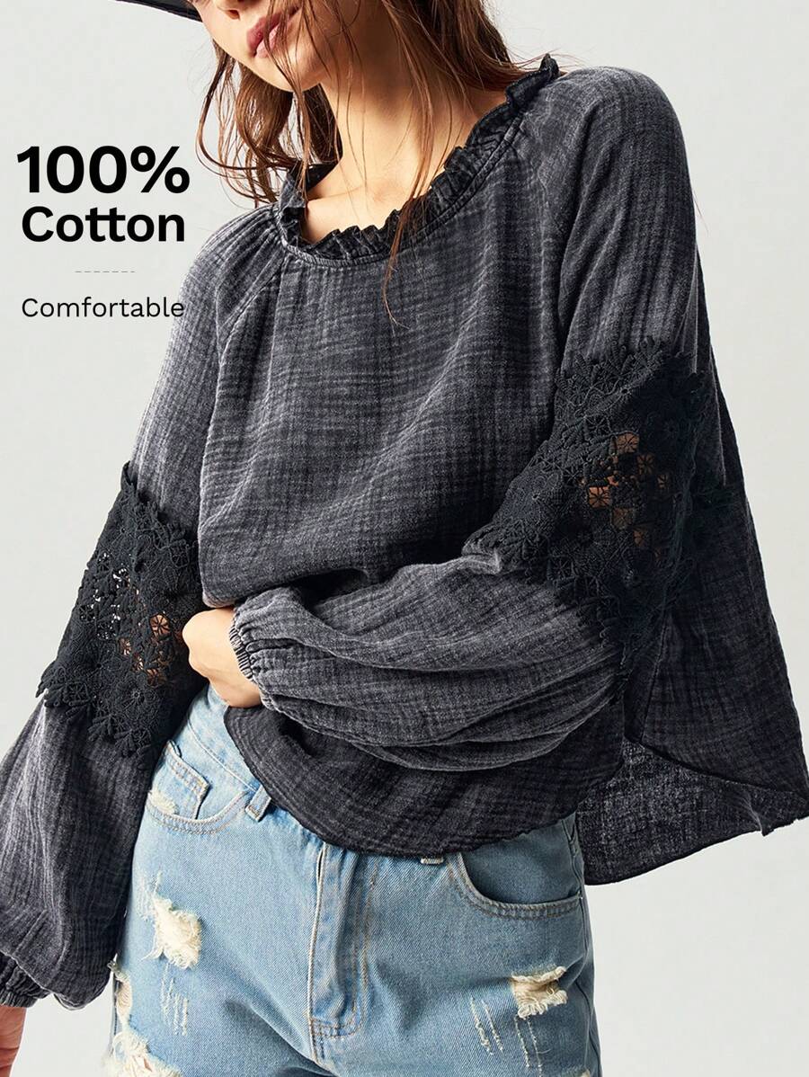 Bohemela 1 件女式休闲纯色宽松圆领长袖衬衫 - 黑色 - 查看 1