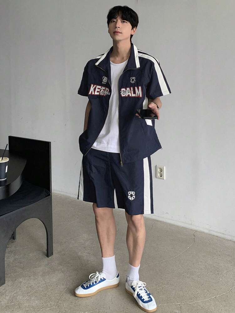 Men Solid Color Patchwork Short Sleeve T-Shirt And Shorts Set, Minimalist