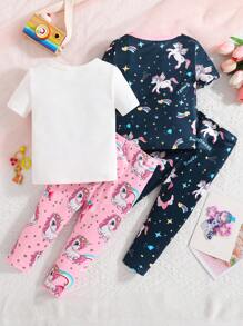 4 件套女婴独角兽印花贴身短袖衬衫和裤子睡衣套装 - 彩色 - 查看 2