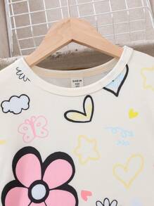 SHEIN Tween Girls' Loose Casual Patchwork Floral Print Round Neck Ruffle Hem T-Shirt - Pink - View 4