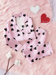 2 件圣诞心形图案女童休闲柔软面料长袖睡衣套装