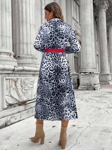 SHEIN LUNE 2024 秋冬新款豹纹撞色红长款衬衫裙女装 - 灰色 - 查看 2