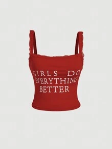 SHEIN MOD 大码女式蕾丝拼接宽肩带字母印花极简主义上衣，红色可爱蕾丝拼接字母上衣，紧身款，新年上衣，外出上衣