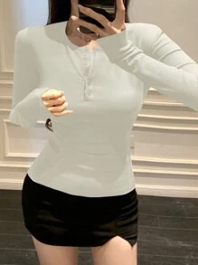 DAZY Women's Slim Fit Solid Color Button Closure Half Placket Long Sleeve T-Shirt, Spring New Arrival,Fall Clothes