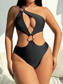 SHEIN Swim 1pc Women Solid Color Sexy Cutout One-Piece Swimsuit With Metal Decor, Spring Break Style