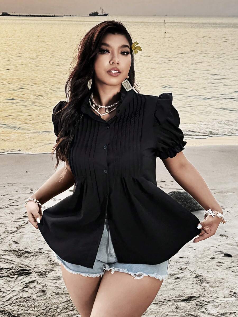 SHEIN Clasi Áo cánh xếp ly cổ đứng thanh lịch cỡ lớn tay bèo nhún - màu đen - Xem 1