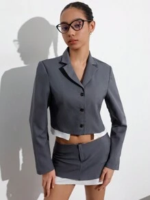Femmeiva Setelan 2 Potong Jaket Blazer dan Rok Mini Gaya Retro Kampus untuk Wanita dengan Detail Kontras di Bagian Bawah, Pakaian Musim Gugur Ukuran Besar untuk Wanita - Grey - View 1