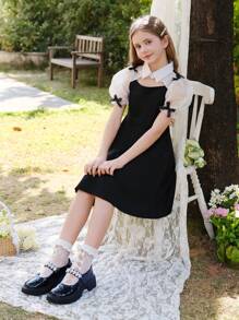 WESTFADE Young Tween Girls' Black Cinched Waist Hollow Mesh Puff Sleeve Bowknot Elegant Sweet Style Dressesholiday,Summer,Travel,Getaway