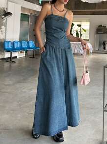 DAZY Conjunto de 2 piezas de top de tirantes y falda de mezclilla para mujer