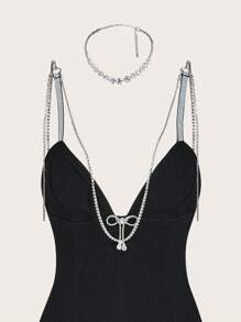 SHEIN ICON 蝴蝶结装饰高端吊带背心迷你连衣裙，俱乐部连衣裙 - 黑色 - 查看 5