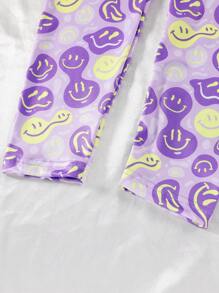 2pcs Tween Girls Casual Smile Face Pattern Short Sleeve Top And Pants Pajama Set, Comfortable - Purple - View 7
