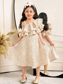 SHEIN Fitted Cute Asymmetric Neck Ruffle Trim Short Sleeve Skater Dress For Young Girl - Apricot - View 6