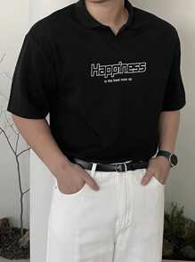 DAZY Camiseta polo de tela texturizada negra con estampado de letra, para verano - Negro - Ver 6