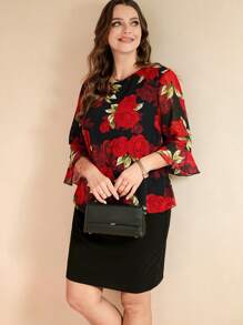 SHEIN Clasi طقم تنورة ولباس علوي شيفون مطبوعة بورود، أنيق للمقاسات الكبيرة، ربيعي/صيفي رومانسي - متعدد الألوان - مشاهدة 6