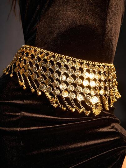 SHEIN SXY 1pc Street Style Sequin, Tassel, Coin Belly Dance Waist Chain/Belt, Suitable For Casual, Party, Night Club, Concert/Festival