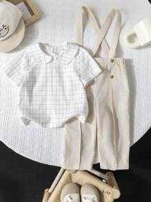 SHEIN Leap Crew 2 pièces/set Chemise casual à col claudine et salopette pour bébé garçon dans un style élégant, convient pour les occasions de printemps/été comme les anniversaires, baptêmes, 1er anniversaire, cérémonies, représentations, mariages