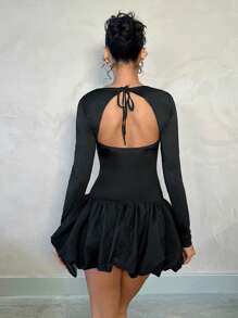 SHEIN BAE Black Solid Color Elegant Backless Long Sleeve Square Neck Tight Fitting Bodycon Peplum Dress, Princess Dress, Date Dress, Music Festival Dress, Valentine's Day Dress, Party Dress, Bridesmaid Dress, Ball Gown Dress, Casual Dress, Black Dress, Birthday Dress, Graduation Dress, Back To School Dress, Spring/Summer