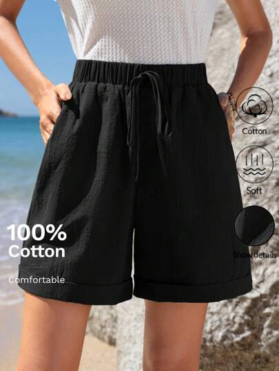 Sylviya 松紧腰带卷边斜插口袋休闲短裤夏季绿色棉质女式短裤，度假