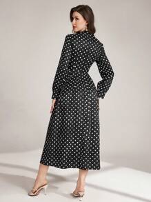 Modelyn 女士优雅圆点印花编织 V 领蝴蝶结腰部修身长裙