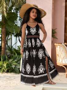 SHEIN 青少年女孩休闲碎花细肩带度假连衣裙 - 黑色 - 查看 1