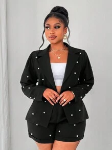 Maweii Plus Size Vrouwen Elegante Handgemaakte Parel Kralen Revers Lange Mouw Blazer Jas En Shorts Set