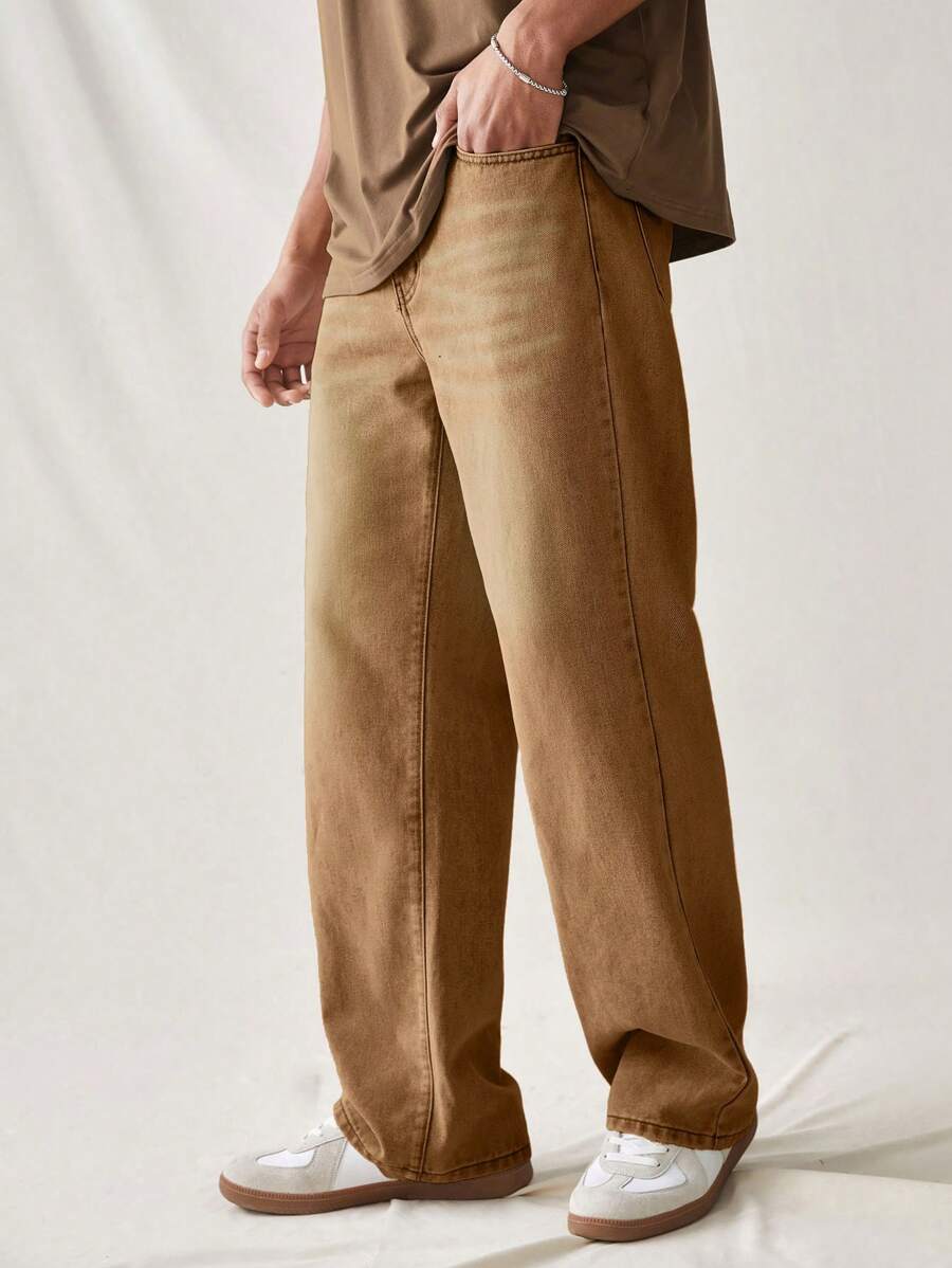 Chillumni Jeans casuales de ajuste holgado y oversize con bloqueo de color vintage para hombres - Caqui - Ver 1