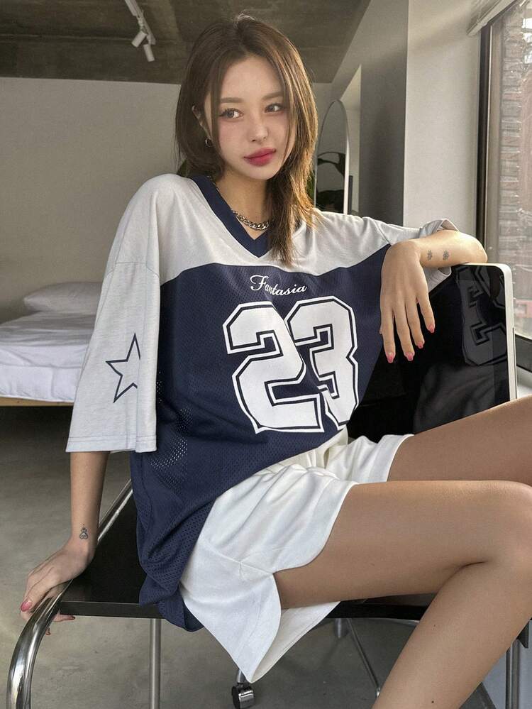 Streetwear Style Loose V-Neck Short Sleeve T-Shirt With Contrast Color Splicing For Women Oversized T-Shirt,Graphic Tees Preppy Tops