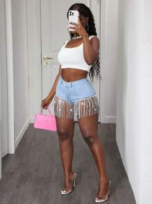 SHEIN Slayr Blue Denim Shorts For Women, Elastic Skinny Fit, Sexy Ripped Glitter Design, Fashion Summer - Blue - View 3