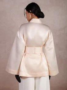 COSMINA 女士纯色 V 领长袖休闲优雅连衣裙 - 杏色 - 查看 2