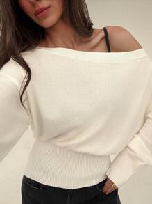 Aloruh Pullover holgado de punto con hombros oblicuos y flores 3D en beige, romántico para salidas, otoño/invierno