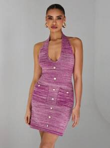 Glamine Vestido de punto a cuadros con corbata de cuello para mujer