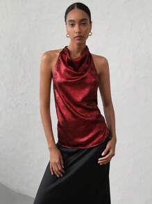 SHEIN Privé Áo cánh dự tiệc thanh lịch cho nữ, cổ tròn không tay thiết kế vai bất đối xứng, áo sơ mi thường ngày ánh kim - Đỏ - Xem 4
