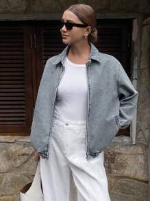 DAZY 女式翻领拉链宽松牛仔夹克，秋装 - 中等水洗藍 - 查看 4