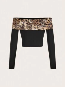 SHEIN EZwear 女士豹纹拼布露肩修身长袖 T 恤和喇叭裤 2 件套 - 彩色 - 查看 8