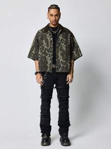 ROMWE MEN Grunge Punk Men's Grunge Leopard Camo Print Single-Breasted Pocket Denim Shirt