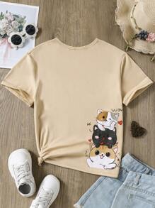 Tween Girls' Short Sleeve Casual Round Neck T-Shirt With 3 Heart Cat Graphic