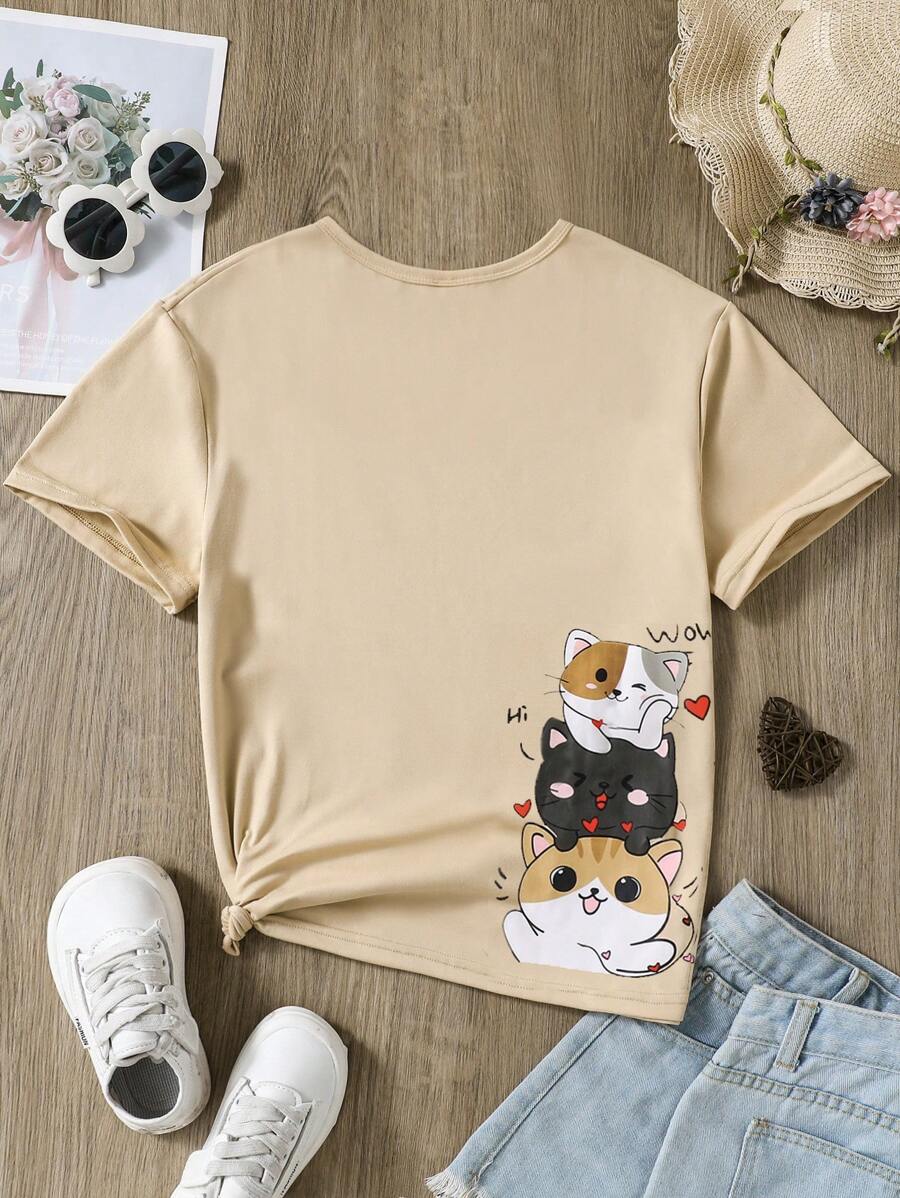 Tween Girls' Short Sleeve Casual Round Neck T-Shirt With 3 Heart Cat Graphic