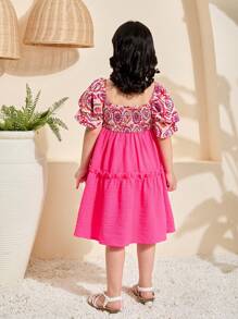 SHEIN Leap Crew Young Girl Pink Ditsy Floral Patchwork Textured Ruffle Trim Square Collar A-Line Dress,Summer Birthday Holiday Ramandan Style Matching Family Vacation - Hot Pink - View 6