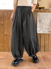 FRIFUL Women's Grey Striped Loose Cropped Pants, Spring Clothing - Grey - View 5