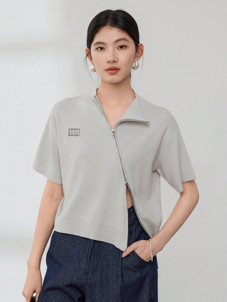 Dazy-Less Áo len cardigan thiết kế công sở giản dị có khóa kéo bất đối xứng phía trước dành cho nữ - Xám - Xem 6
